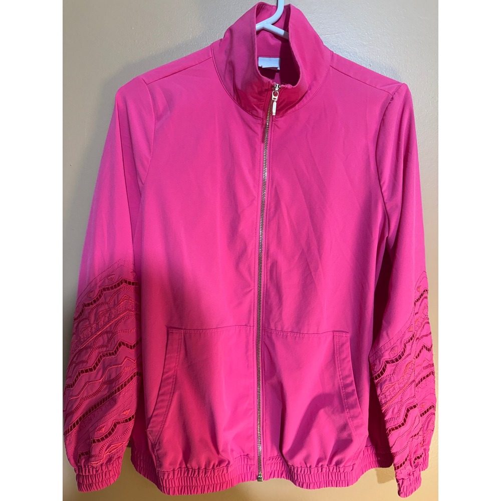 Chicos Zenergy Pink Full Zip Jacket Eyelet Lace Sleeve Womens Size 0 US 4/6